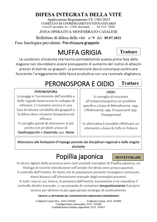 DIFESA INTEGRATA DELLA VITE - Bollettino n. 9 del 05/07/2021