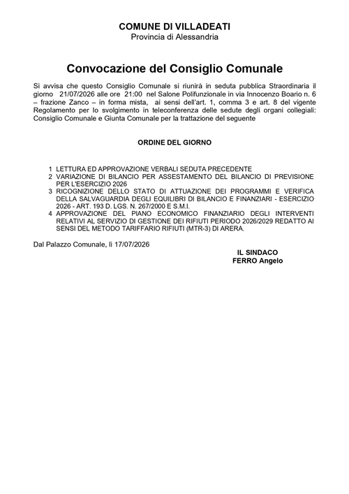 Convocazione Consiglio Comunale  - 21/07/2026