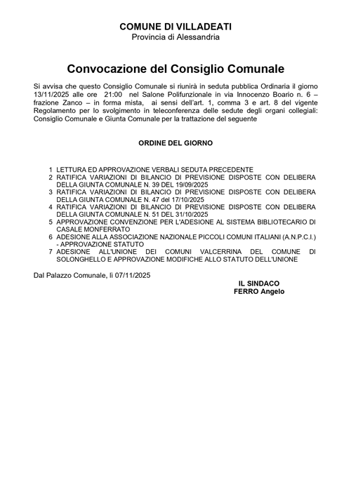 Convocazione Consiglio Comunale - 13 Novembre 2025 - ore 21